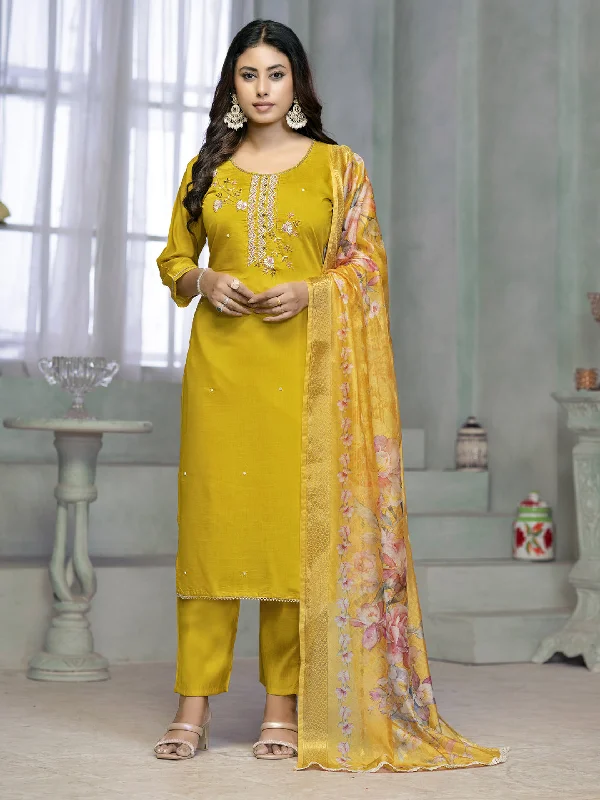 Yellow Designer Readymade Pant Suit With Printed Embroidery Work High-Waist Yoga Pants