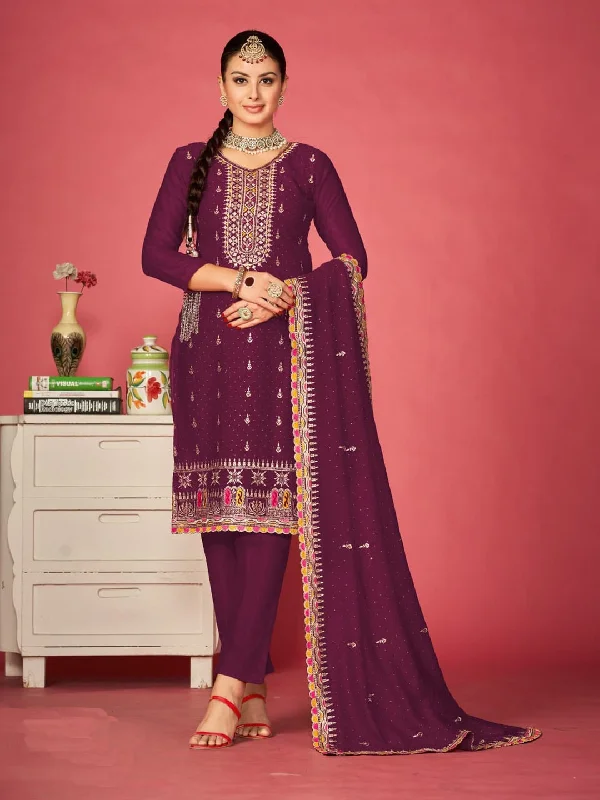 Wine Traditional Designer Semi-Stitched Pant Suit With Embroidery Diamond Work Stylish Paperbag Waist Pants
