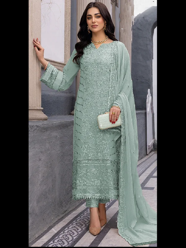 Mint Traditional Designer Semi-Stitched Pant Suit With Embroidery Work Soft Stretch Leggings