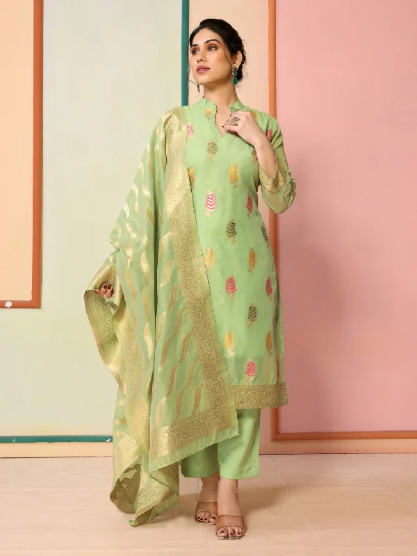 Pista Designer Readymade Chanderi Pant Suit With Wevon Jacquard Designer Trendy Wide-Legged Trousers