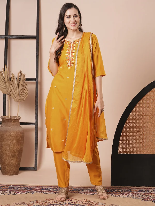 Orange Designer Readymade Pant Suit With Embroidery Work Formal Wide-Leg Pants