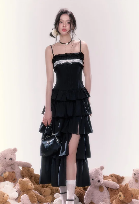 Side Slit Ruffle Layered Long Dress UND0061 Tunics Gym athletic