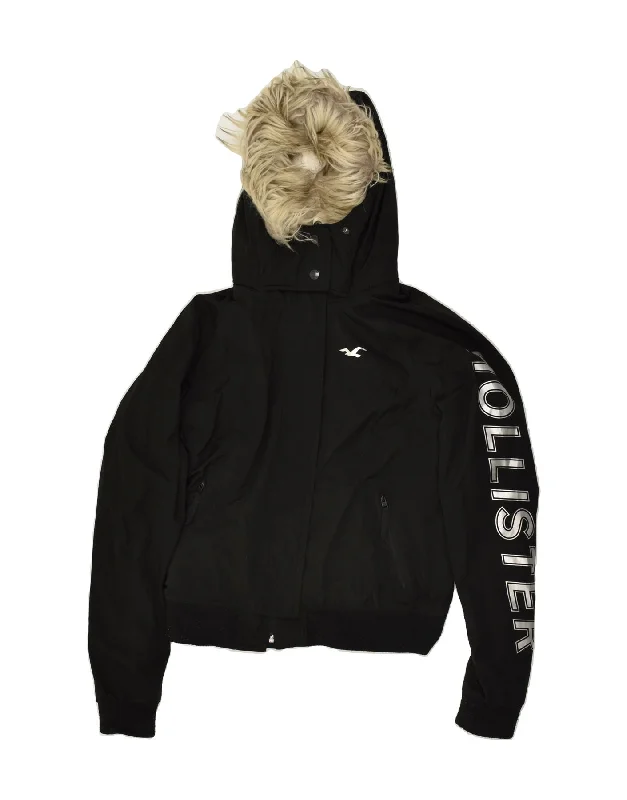 HOLLISTER Womens Graphic Hooded Windbreaker Jacket UK 10 Small Black Jacket Blazer Coat