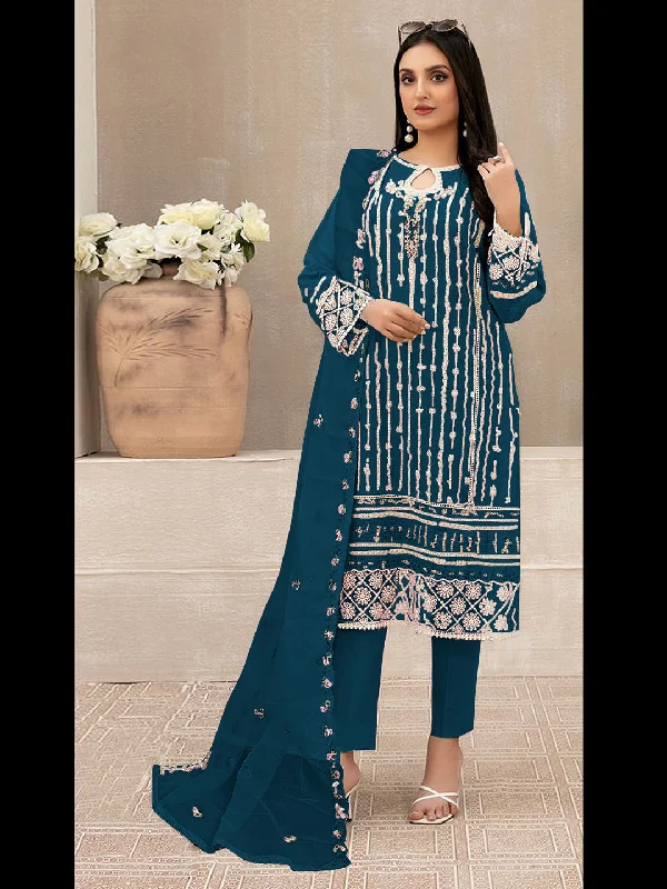 Teal Classy Designer Semi-Stitched Pant Suit With Embroidery Sequins Work Classic Straight Pants
