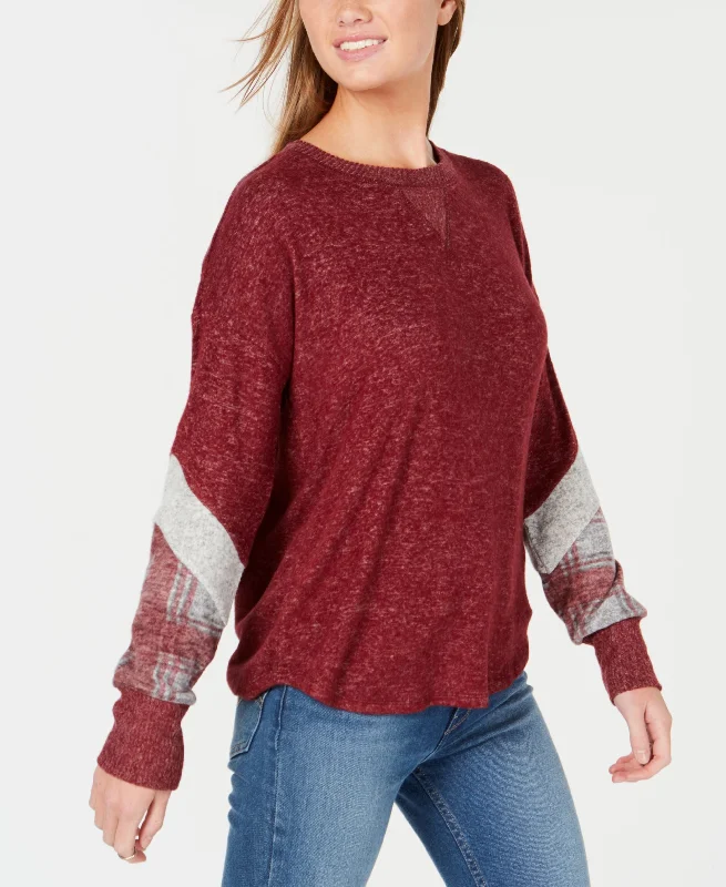 Hippie Rose Juniors Plaid Sleeve Hacci Sweater Houndstooth Herringbone Solid