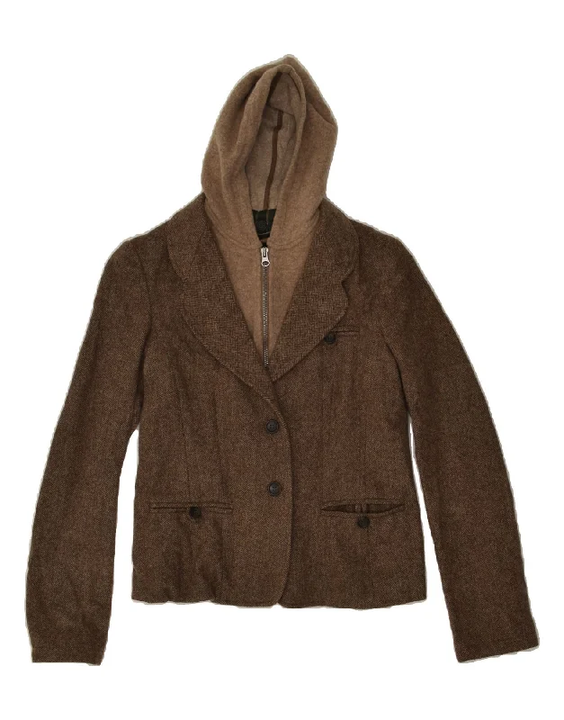 WOOLRICH Womens Hooded 2 Button Blazer Jacket UK 14 Medium Brown Jacket Blazer Coat