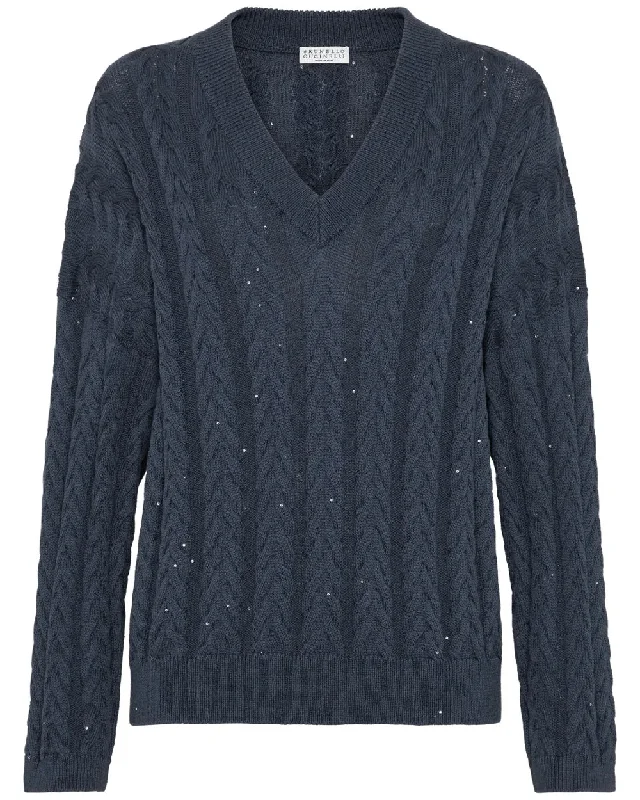 Navy Double Cableknit V Neck Sweater Solid Print Embellished