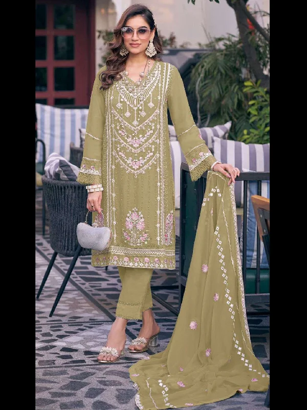 Mehndi Green Classy Designer Semi-Stitched Fox Georgette Pant Suit With Embroidery Sequins Work Classic Pleated Pants