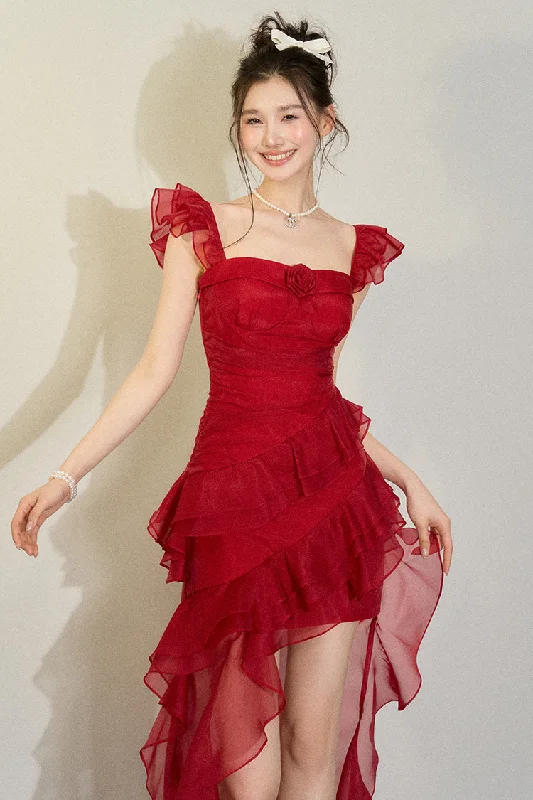 Square Neck Ruffle Design Red Dress UND0063 Tunics Review highly