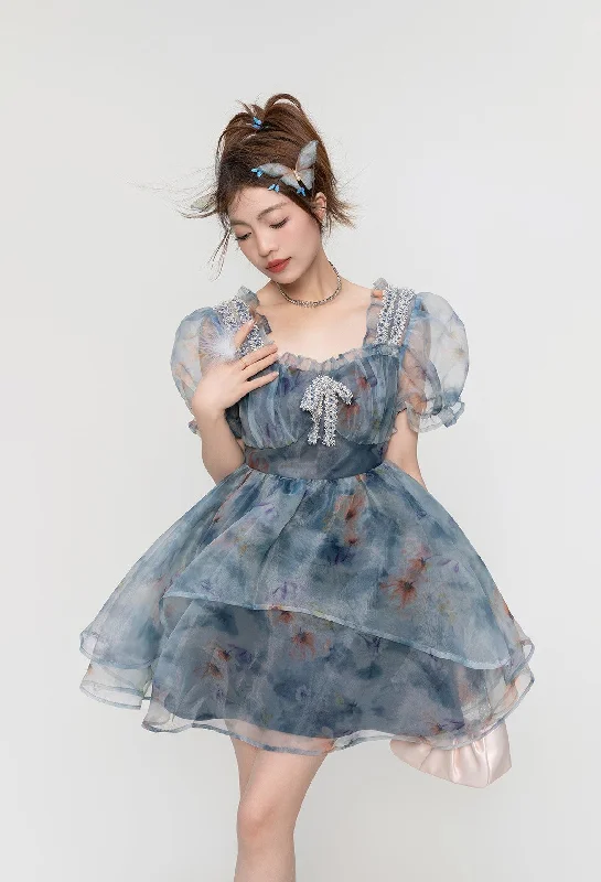 Floral Short/Long Sleeve Fairy Puffy Princess Dress KEI0065 Turtleneck Neckline Stylish