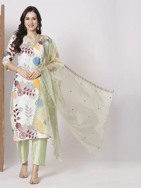 Cream Designer Readymade Pant Suit With Embroidery Printed Work Slim-Fit Khaki Pants
