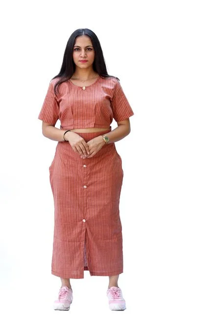 Arca Peach and Brown Yarn Dyed Top and Skirt leather skirt modern