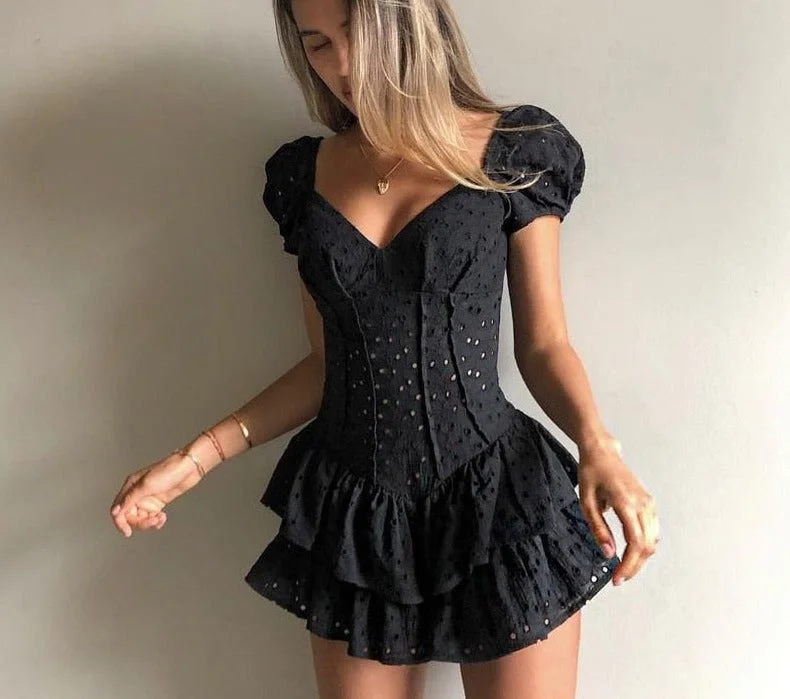 V Neck Ruffles Pleated Dress Women Puff Sleeve Chic Tunic Top Casual