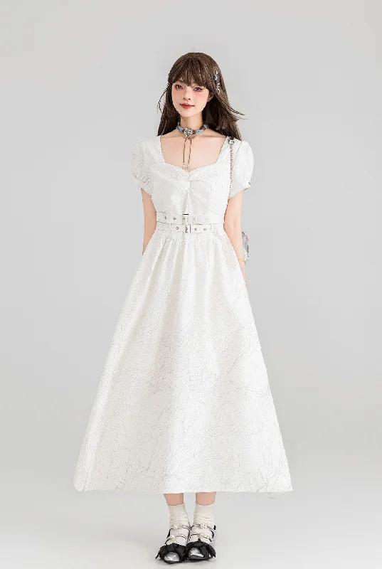French Belt White Jacquard Square Collar Long Dress KEI0100 Tunics Cozy comfortable