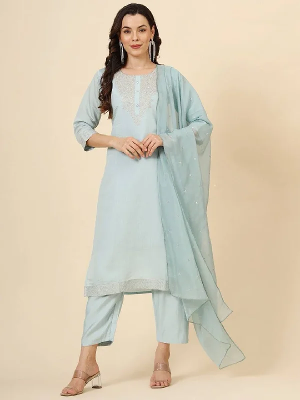 Aqua Blue Trendy Readymade Pant Suit With Embroidery Work Comfortable Maternity Pants