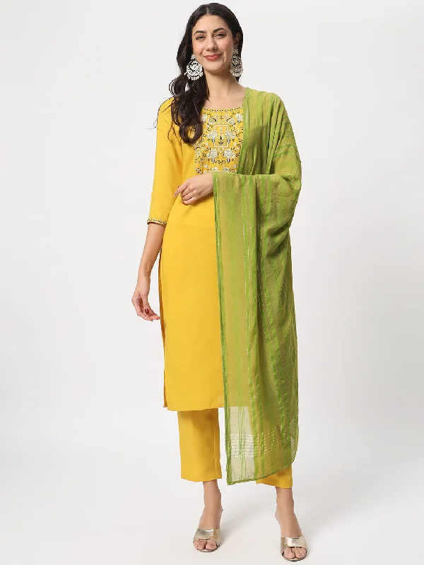Yellow Designer Readymade Pant Suit With Embroidery Work Comfortable Fleece Pants