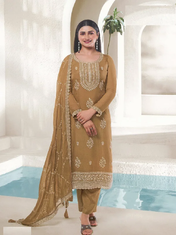Mustard Festive Wear Designer Semi-Stitched Pant Suit With Embroidery Work Fashionable Tapered Leg Pants