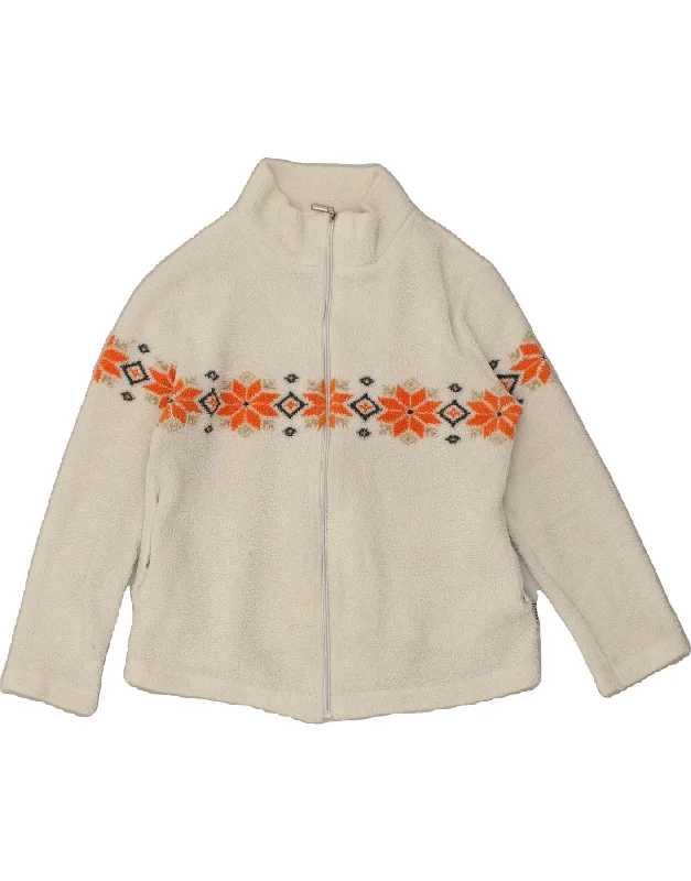 VINTAGE Womens Fleece Jacket EU 40 Medium Off White Fair Isle Polyester Belted Jacket Elasticated Jacket Padded Jacket
