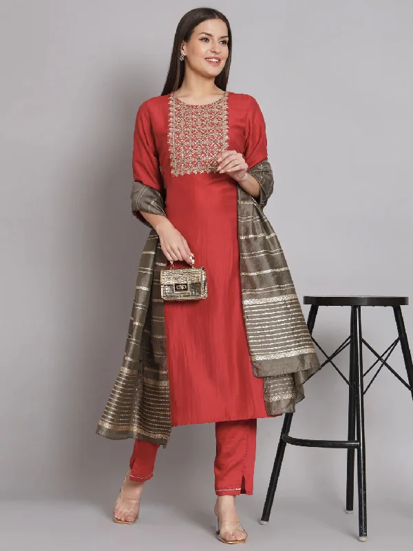 Red Trendy Elementary Designer Readymade Pant Suit With Embroidery Work Elegant Silk Pants