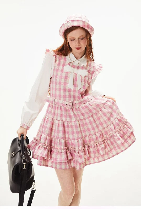 Pink Long Sleeve Princess Style Splicing Plaid Dress TIP0028 Tunics Stylish elegant
