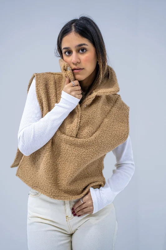 Willow Fuzzy Beige Sleeveless Jacket Oversized Jacket Tailored Jacket Straight Jacket