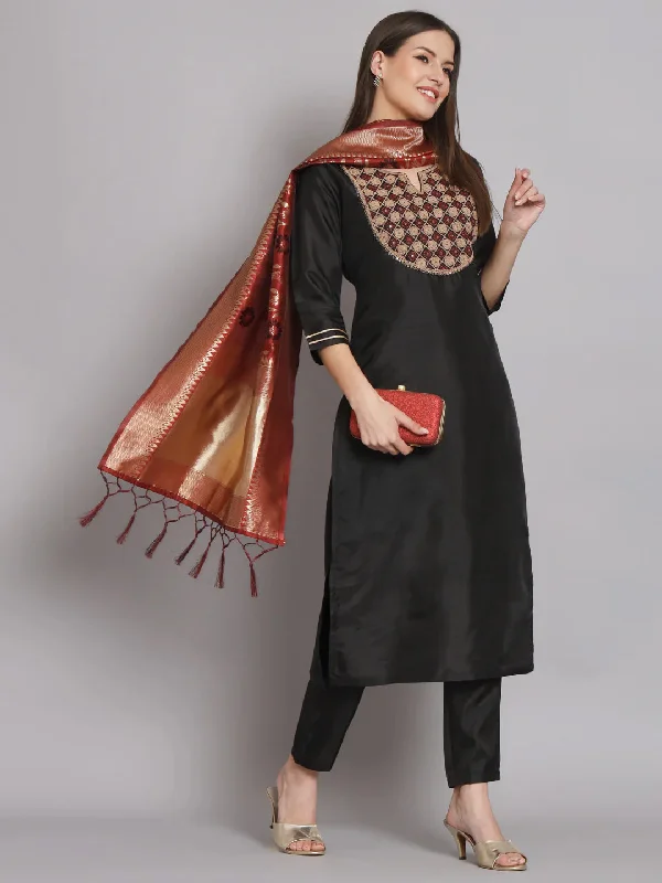 Black Trendy Designer Readymade Silk Blend Pant Suit With Embroidery Printed Work Casual Drawstring Pants