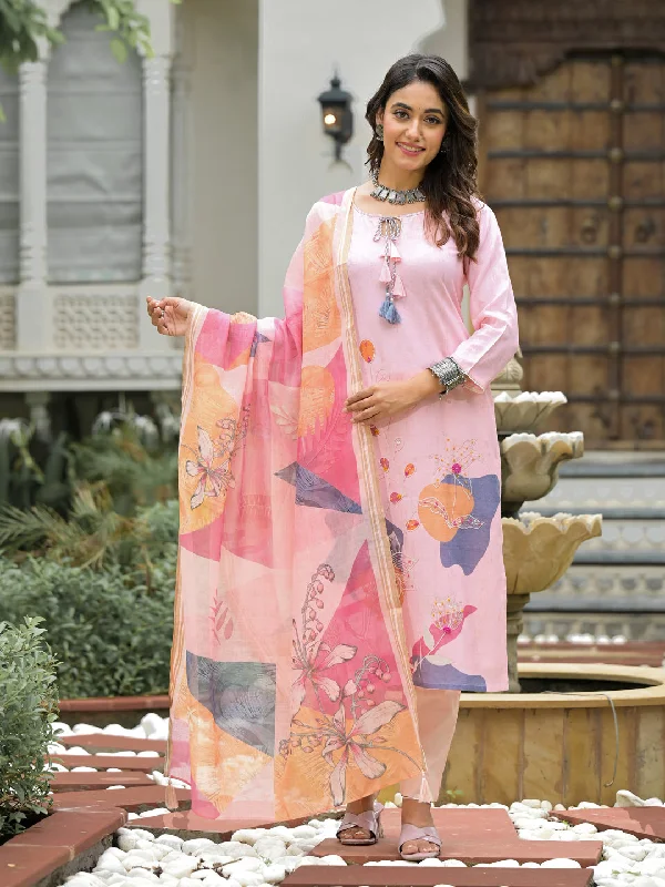 Pink Designer Readymade Linen Pant Suit With Digital Printed Work Stylish Slim Trousers