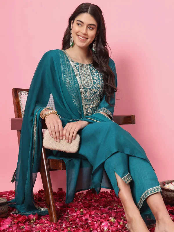 Teal Blue Silk Blend Pant Suit Chic Wool Trousers