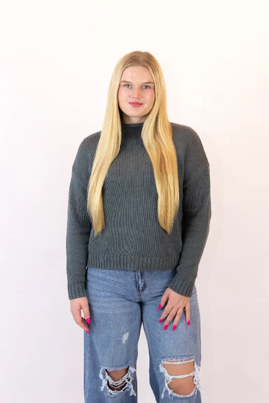 Kira Mock Neck Sweater | Steel Blue Cotton Fabric Linen Fabric Terry Fabric