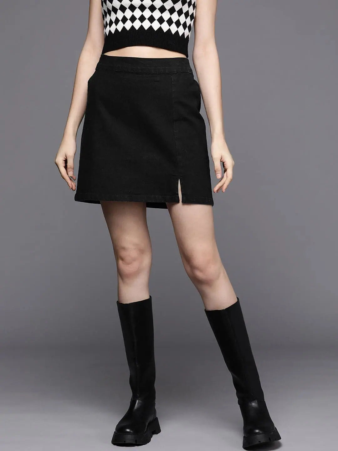 Women Black Denim Side Slit Mini Skirt silk skirt smooth