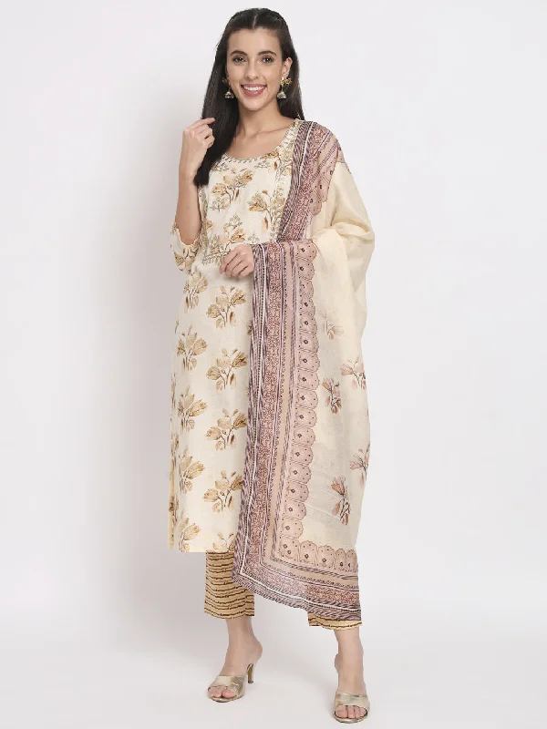Cream Designer Readymade Pant Suit With Printed Work Elegant Silk Pants