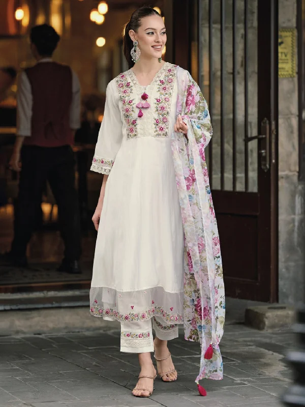 White Designer Readymade Pant Suit With Printed Embroidery Work Comfortable Denim Trousers