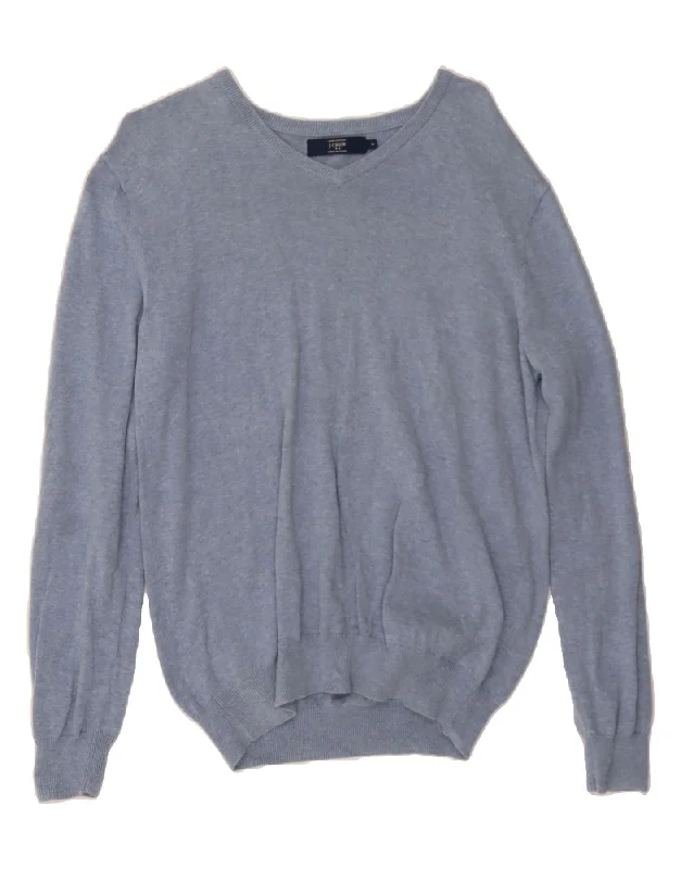 J. CREW Womens V-Neck Jumper Sweater UK 14 Medium Blue Cotton Print Jacquard Patchwork