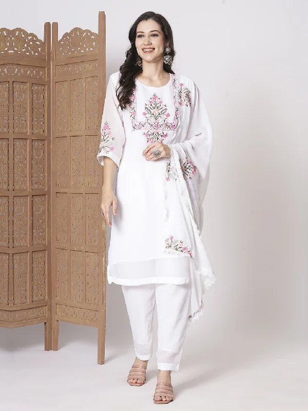 White Party Wear Readymade Pant Suit With Embroidery Work Elegant Silk Pants
