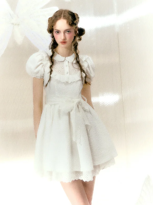 Waist Ribbon Puff Sleeve Ruffle Lace Girly Dress NAR0023 Tunics Fleece cozy
