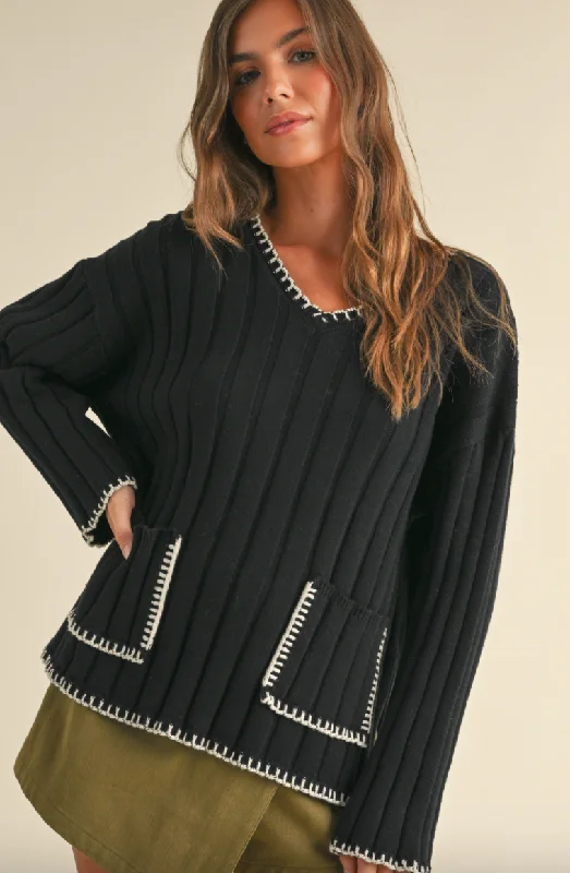Wide Rib Sweater with Stitching Detail Sweater Knitwear Pullover
