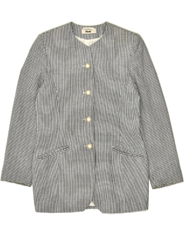 VINTAGE Womens 4 Button Blazer Jacket EU 36 Small Grey Houndstooth Viscose Fleece Fabric Down Fabric Feather Fabric