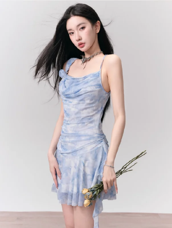 Blue Rose Ribbon Mesh Suspender Dress FRA0136 Maxi Flowy Bohemian