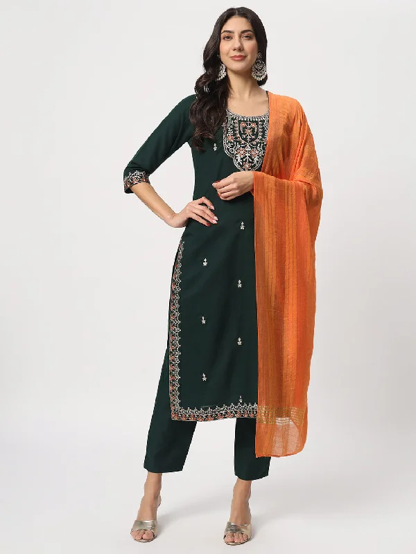 Bottle Green Designer Readymade Pant Suit With Embroidery Work Soft Stretch Leggings