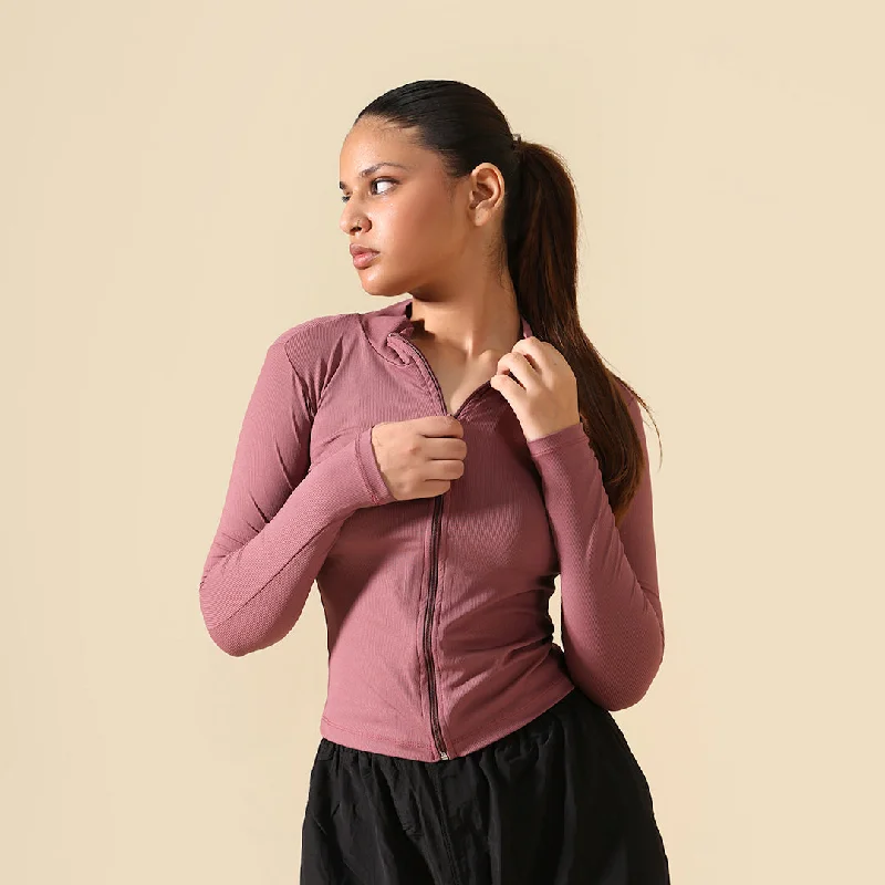 Fitted Ribbed Jacket - Dusty Berry Collared Jacket Crew Neck Jacket Turtle Neck Jacket