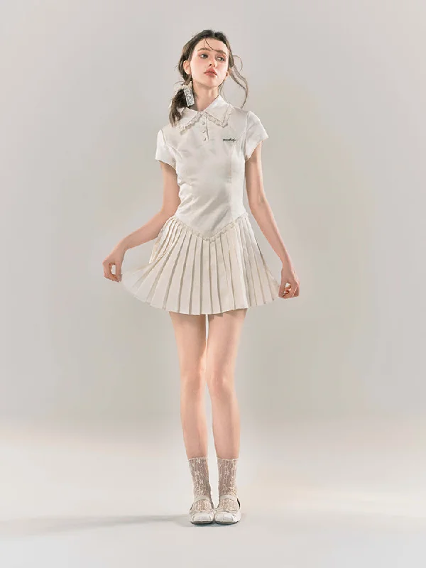 Lace Collar Polo Slim Pleated Dress YOO0052 Tunics Corduroy durable
