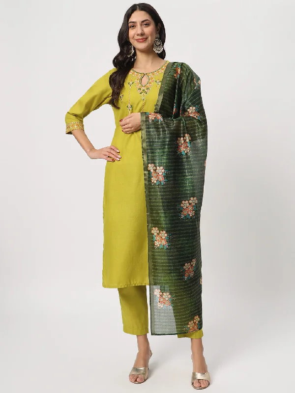 Green Designer Readymade Pant Suit With Embroidery Work Classic Pleated Pants