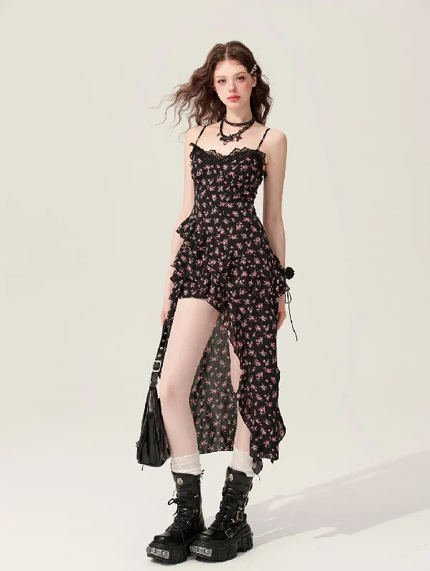 Female Slit Waist Black Suspender Dress DIA0150 Tunics Polka dots