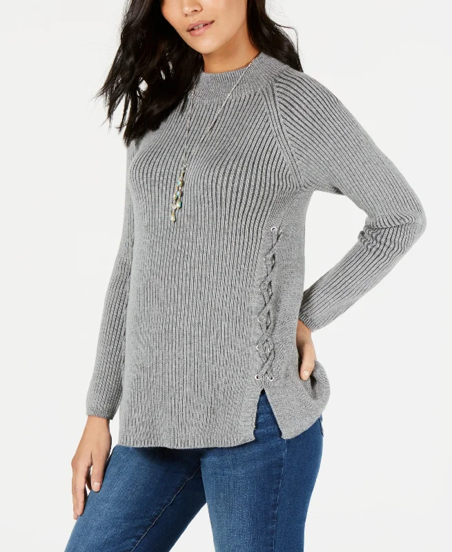 Style & Co Petite Lace Up Sweater Mesh Blend Leather Blend Suede Blend