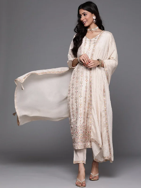 Off White Attractive Looking Readymade Pant Suit With Embroidery Printed Work Formal Slim Pants