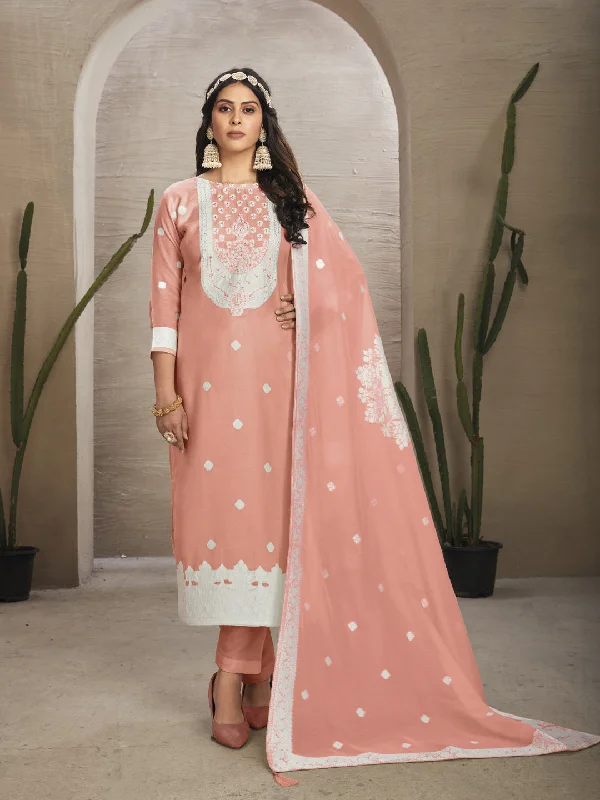 Peach Organza Pant Suit With Wevon Design Diamond Work Casual Lounge Pants