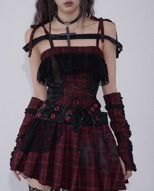 Rock Red And Black Plaid Suspenders Dress WSW0024 Floral Print girly