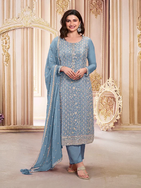 Sky Blue Designer Heavy Semi-Stitched Pant Suit With Embroidery Sequence Work Formal Wide-Leg Pants