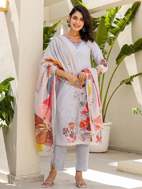 Grey Designer Readymade Linen Pant Suit With Digital Printed Work Soft Stretch Leggings
