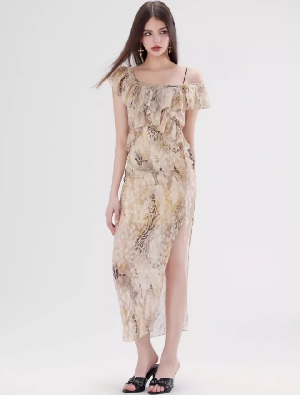 Off-shoulder Ruffled Slit Long Fishtail Hem Dress WOO0091 Tunics Velvet soft